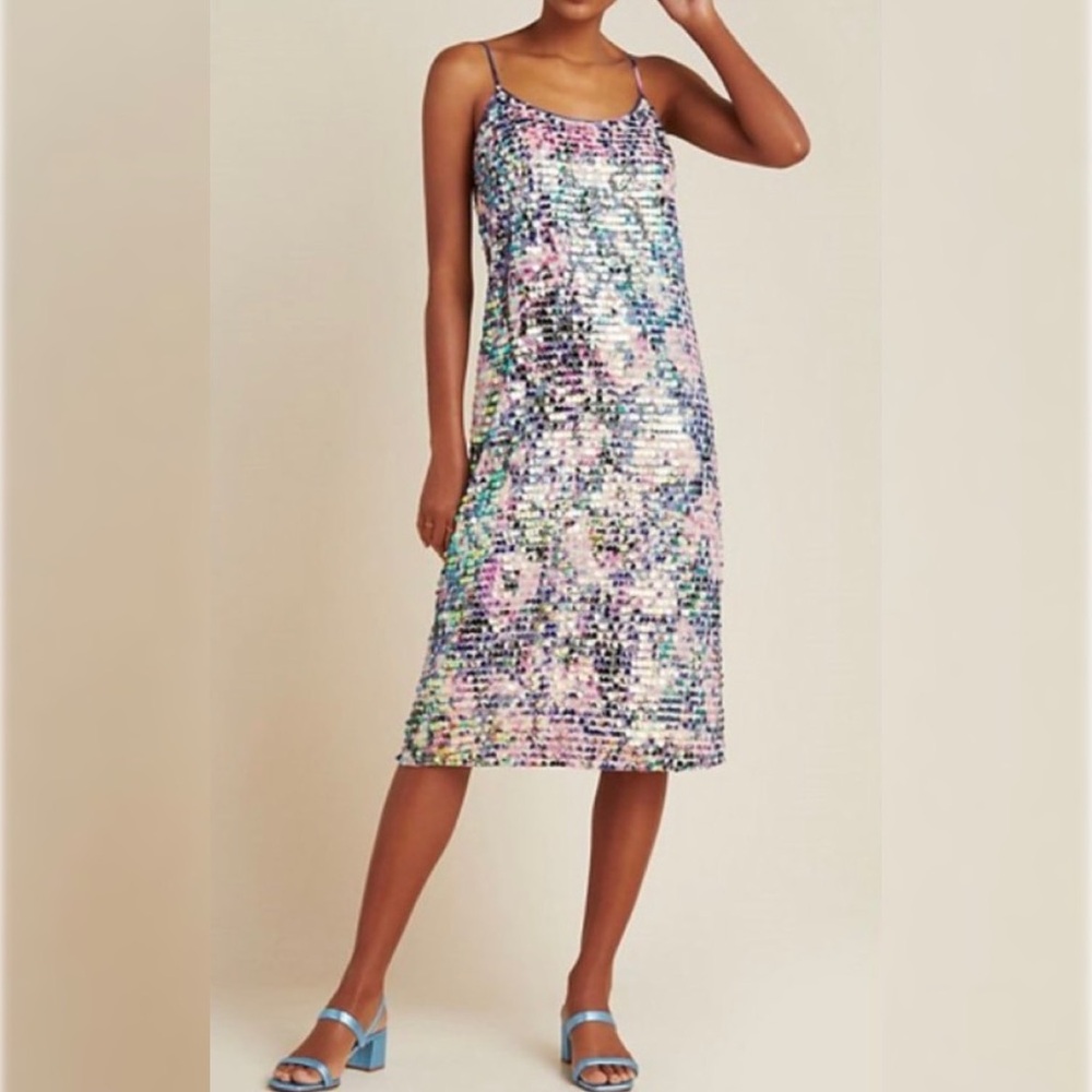 Anthropologie NOT SO SERIOUS Amaryllis Slip Summer Dress Iridescent Sequin FLAW